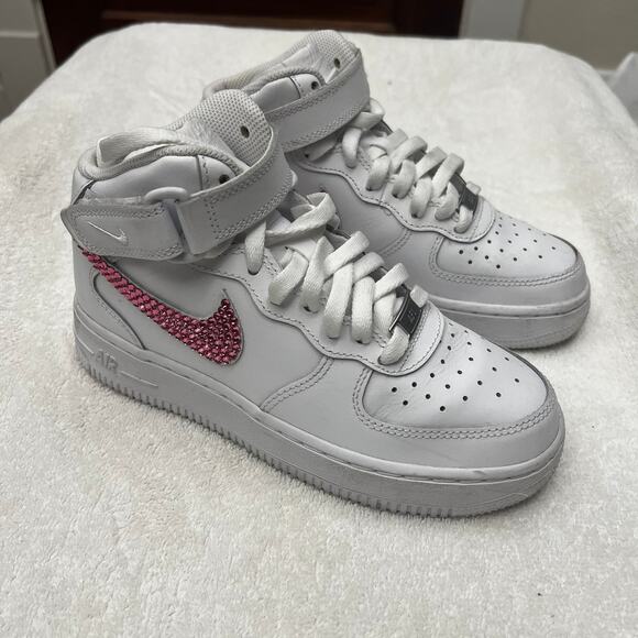 Nike Air Force 1 Mid LE Triple White (GS) sz 3.5Y Pink Swoosh Customized - Picture 1 of 14